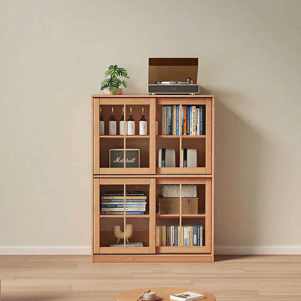 LIVARA Solid Wood Glass Door Storage Cabinet Adjustable Shelves Anti-Tip Reinforced Structure Double Tier for Living Room Dining Room Study - Wood
