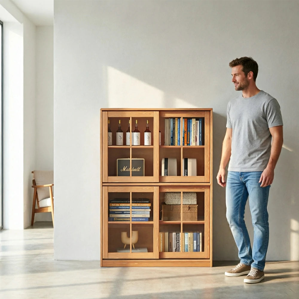 LIVARA Solid Wood Glass Door Storage Cabinet Adjustable Shelves Anti-Tip Reinforced Structure Double Tier for Living Room Dining Room Study - Wood