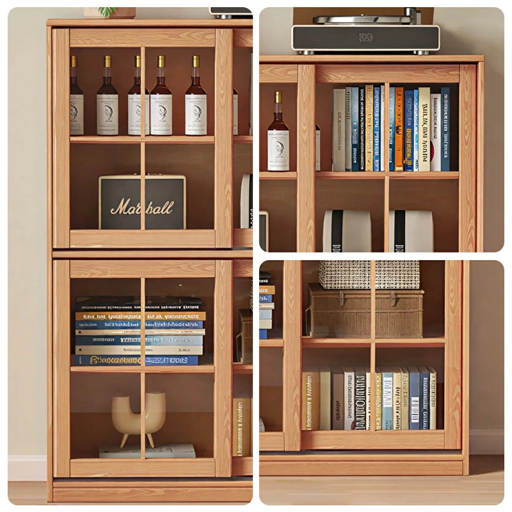 LIVARA Solid Wood Glass Door Storage Cabinet Adjustable Shelves Anti-Tip Reinforced Structure Double Tier for Living Room Dining Room Study - Wood