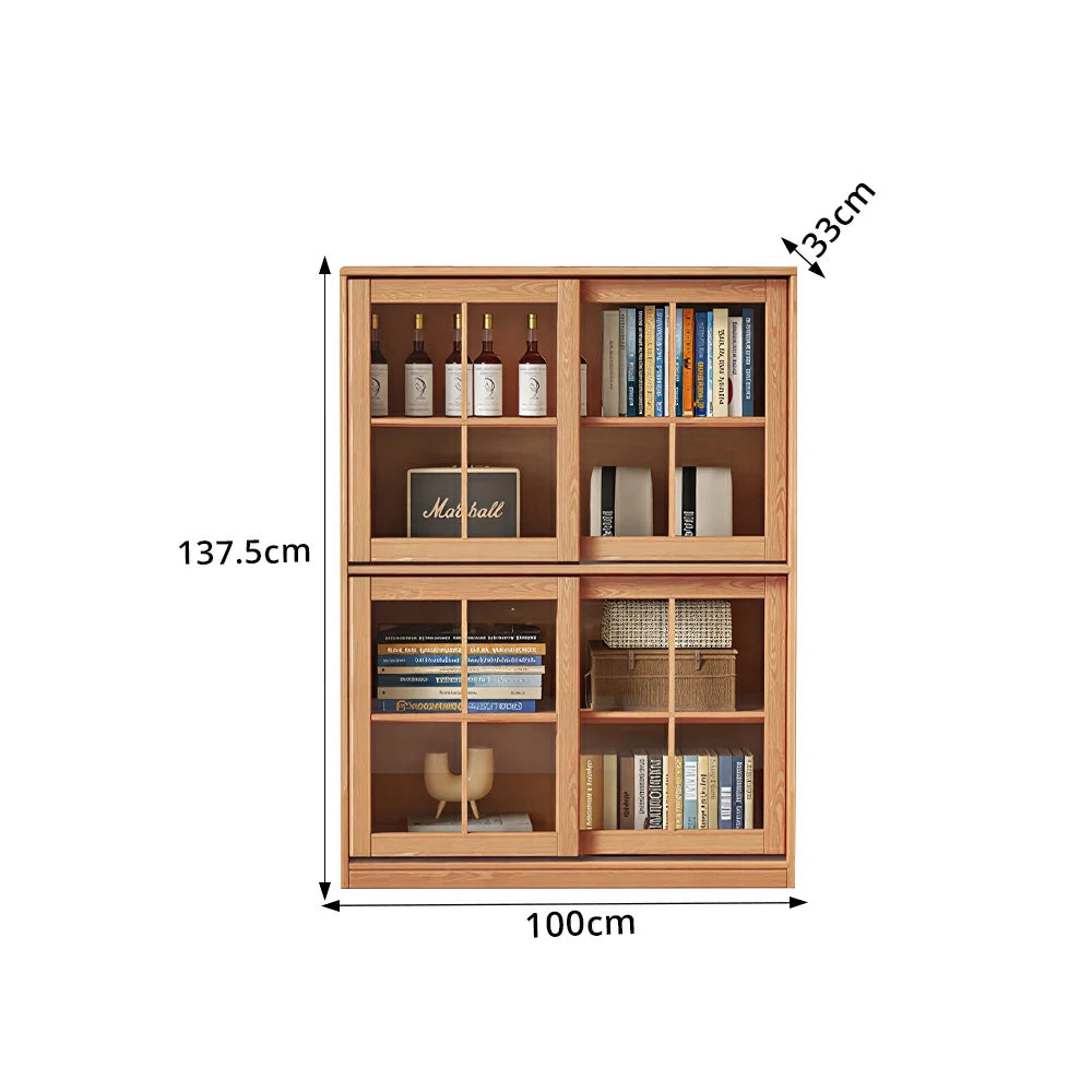 LIVARA Solid Wood Glass Door Storage Cabinet Adjustable Shelves Anti-Tip Reinforced Structure Double Tier for Living Room Dining Room Study - Wood
