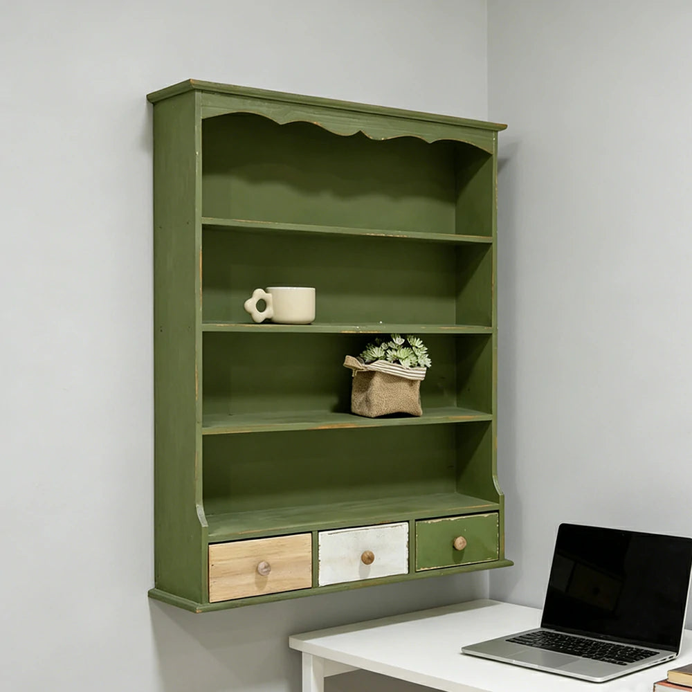 LIVARA Farmhouse Wall Cabinet with Drawers and Open Shelves Solid Wood MDF Rustic Distressed Green Wall Storage for Kitchen Entryway