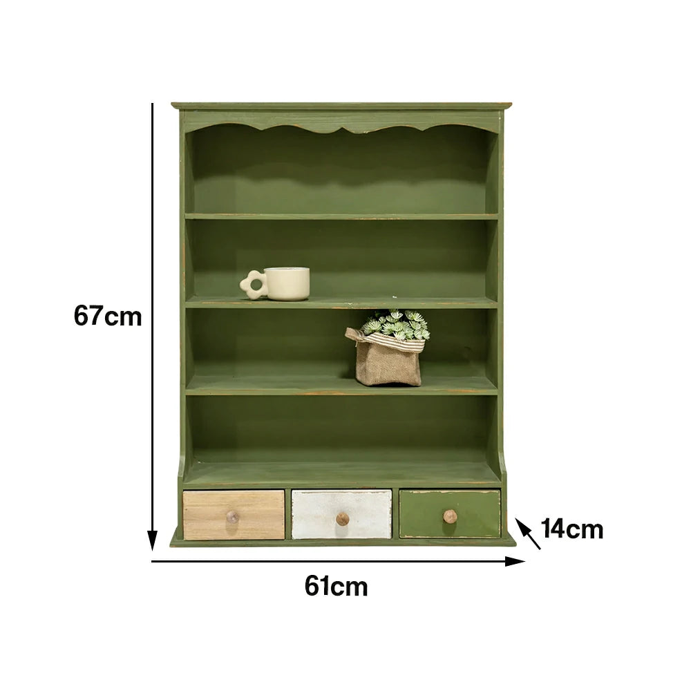 LIVARA Farmhouse Wall Cabinet with Drawers and Open Shelves Solid Wood MDF Rustic Distressed Green Wall Storage for Kitchen Entryway