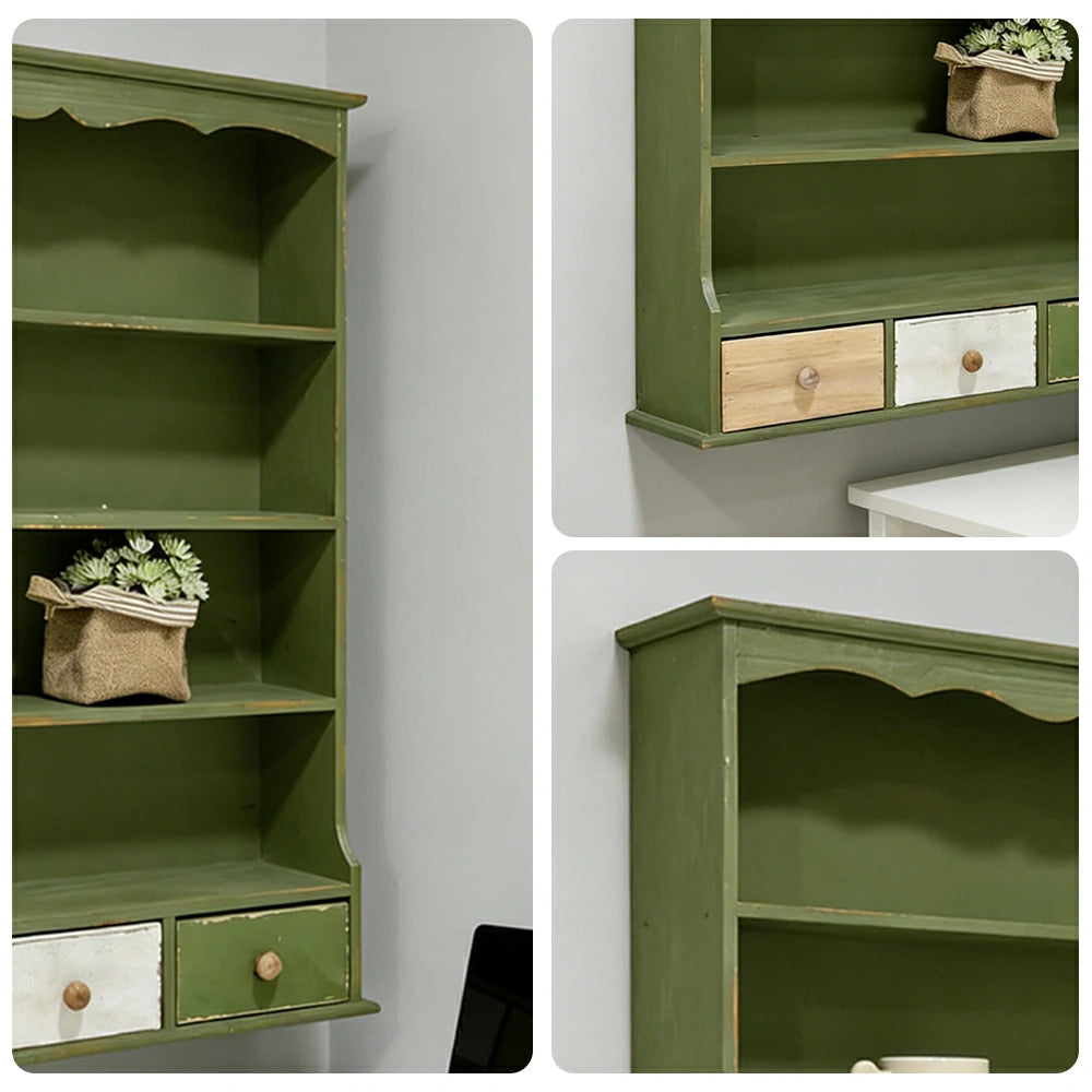 LIVARA Farmhouse Wall Cabinet with Drawers and Open Shelves Solid Wood MDF Rustic Distressed Green Wall Storage for Kitchen Entryway