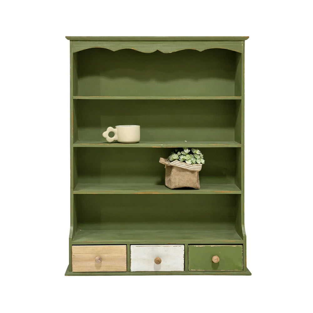 LIVARA Farmhouse Wall Cabinet with Drawers and Open Shelves Solid Wood MDF Rustic Distressed Green Wall Storage for Kitchen Entryway