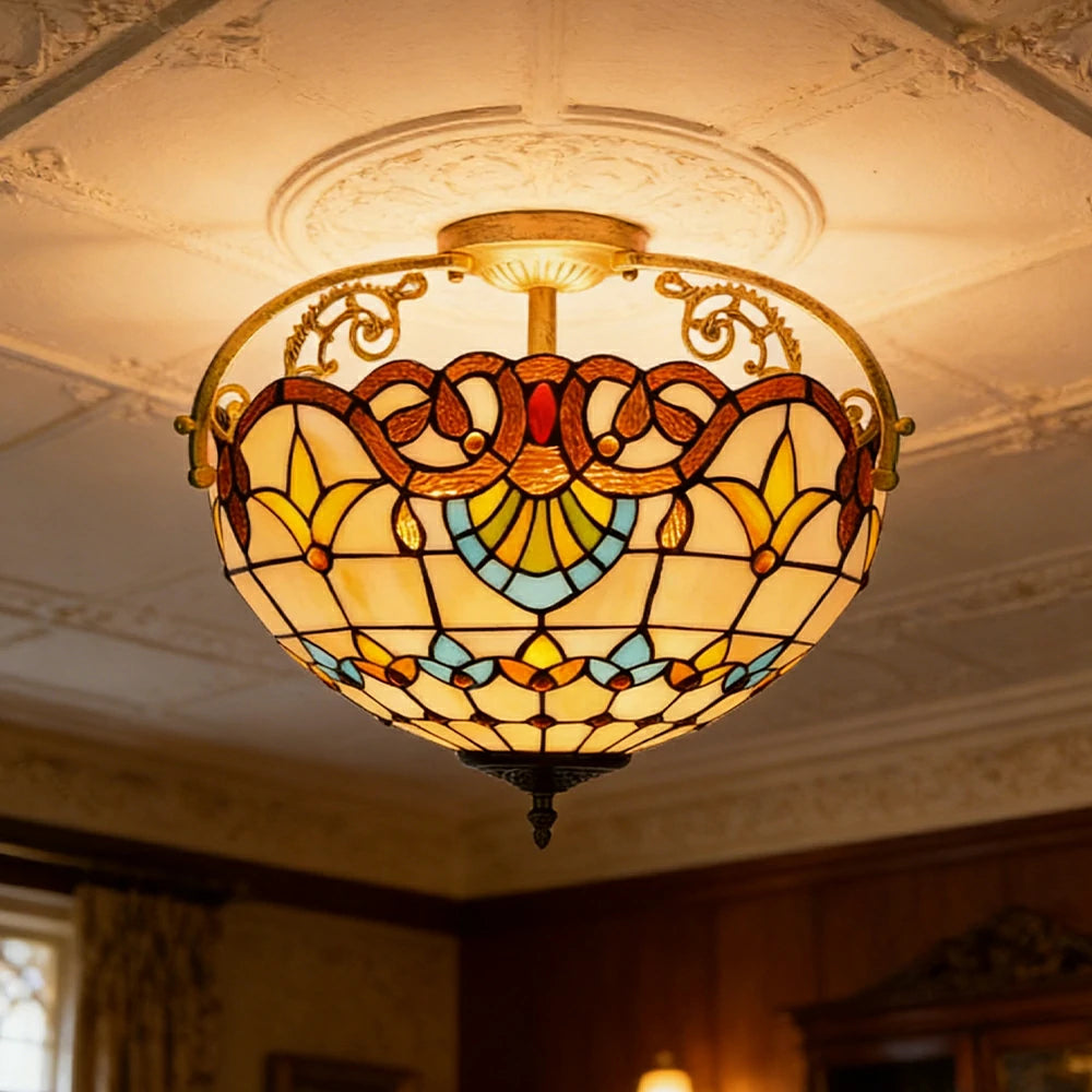 LIVARA European Vintage Baroque Style Stained Glass Ceiling Light 3-Light Design Even Lighting 42x38cm Suitable for Living Room Bedroom Dining Hallway