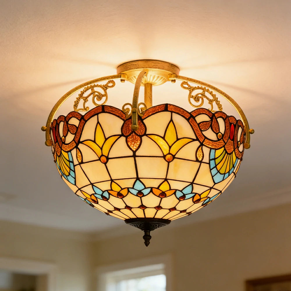 LIVARA European Vintage Baroque Style Stained Glass Ceiling Light 3-Light Design Even Lighting 42x38cm Suitable for Living Room Bedroom Dining Hallway