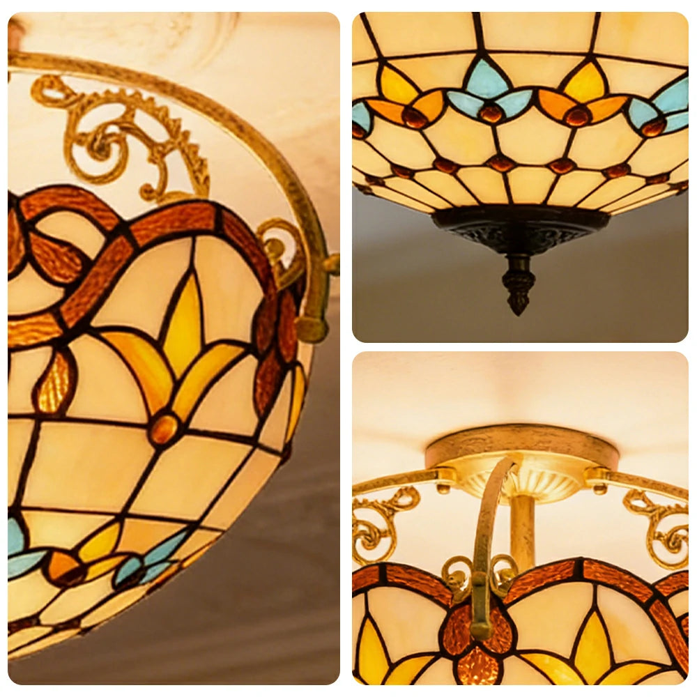 LIVARA European Vintage Baroque Style Stained Glass Ceiling Light 3-Light Design Even Lighting 42x38cm Suitable for Living Room Bedroom Dining Hallway
