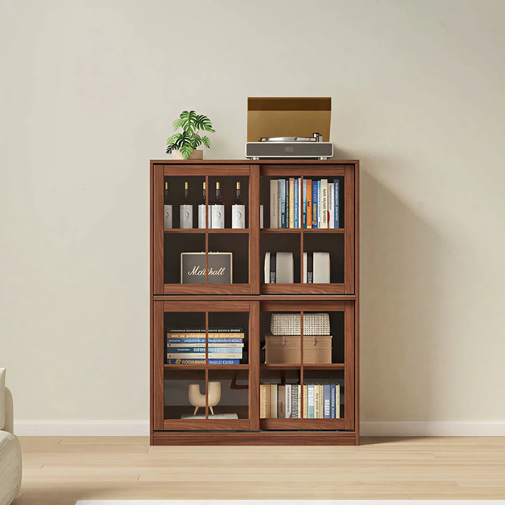 LIVARA Solid Wood Glass Door Storage Cabinet Adjustable Shelves Anti-Tip Reinforced Structure Double Tier for Living Room Dining Room Study - Walnut