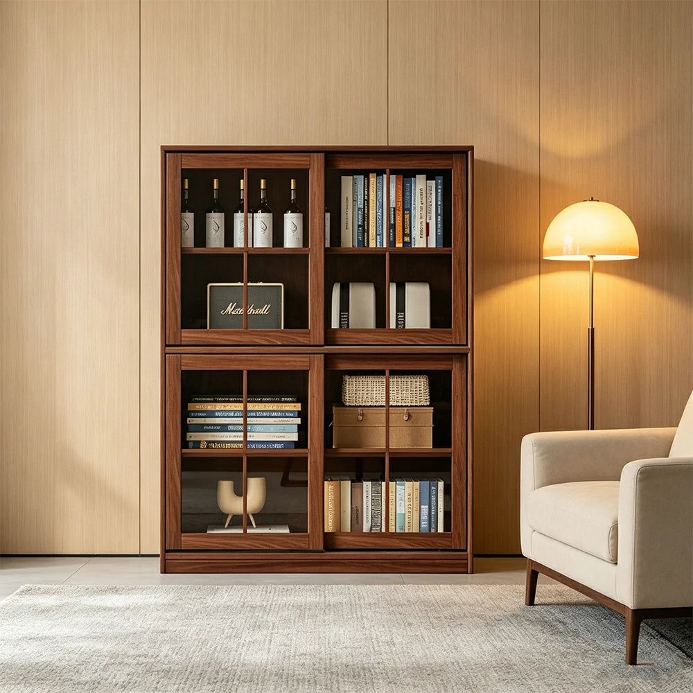 LIVARA Solid Wood Glass Door Storage Cabinet Adjustable Shelves Anti-Tip Reinforced Structure Double Tier for Living Room Dining Room Study - Walnut