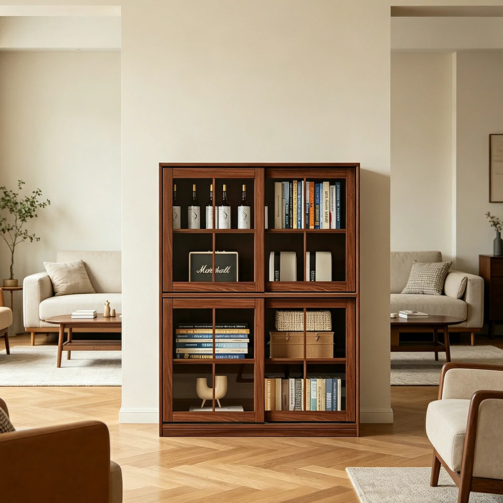 LIVARA Solid Wood Glass Door Storage Cabinet Adjustable Shelves Anti-Tip Reinforced Structure Double Tier for Living Room Dining Room Study - Walnut