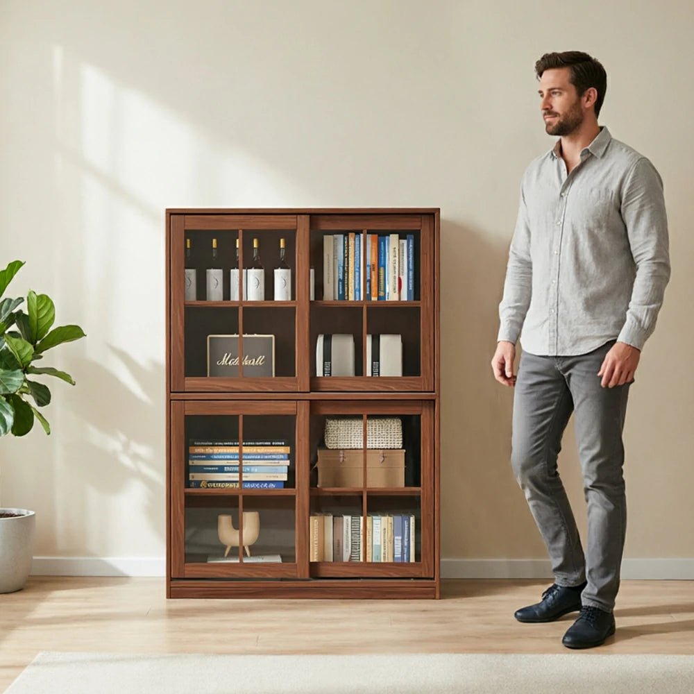 LIVARA Solid Wood Glass Door Storage Cabinet Adjustable Shelves Anti-Tip Reinforced Structure Double Tier for Living Room Dining Room Study - Walnut