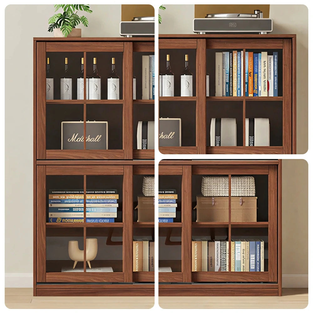LIVARA Solid Wood Glass Door Storage Cabinet Adjustable Shelves Anti-Tip Reinforced Structure Double Tier for Living Room Dining Room Study - Walnut