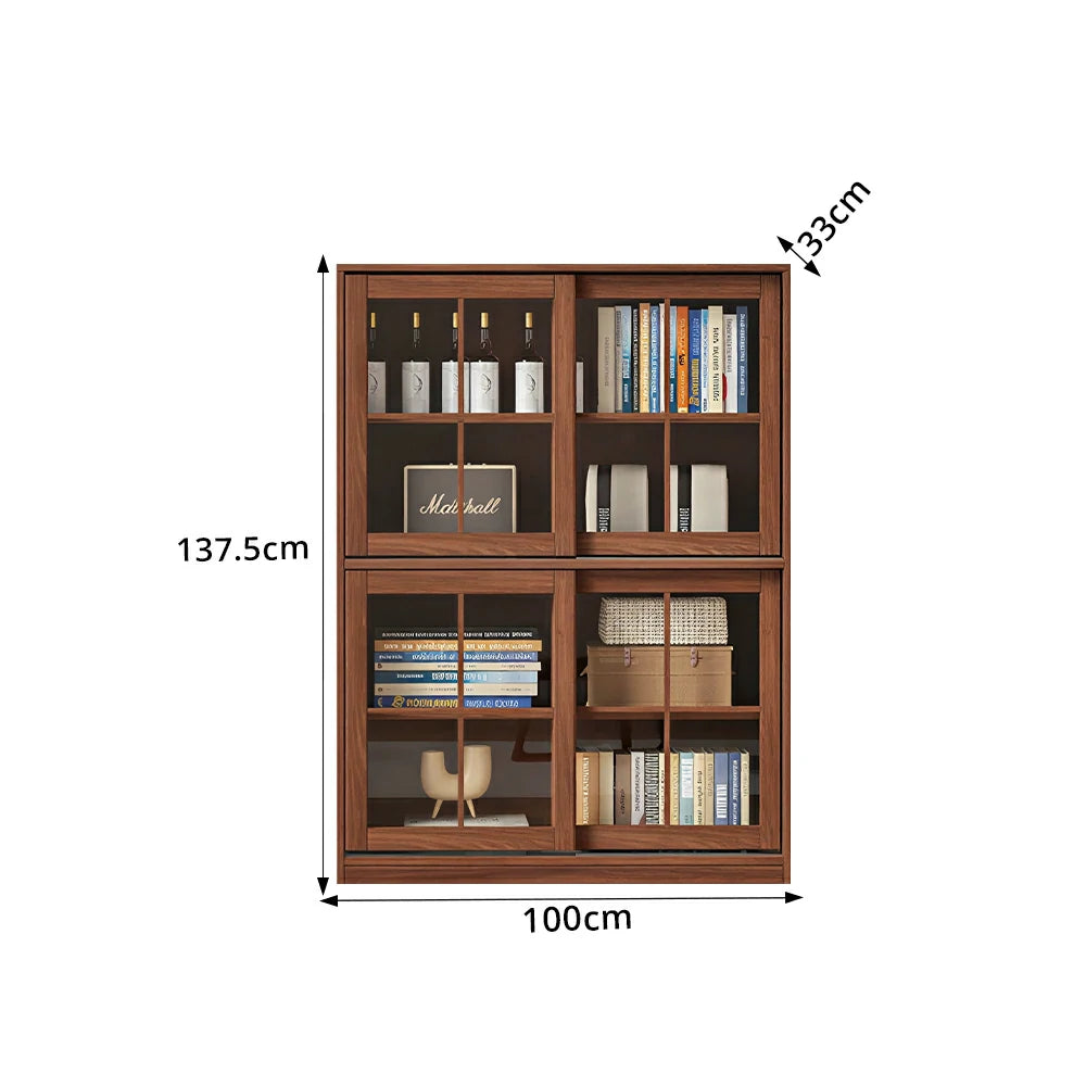 LIVARA Solid Wood Glass Door Storage Cabinet Adjustable Shelves Anti-Tip Reinforced Structure Double Tier for Living Room Dining Room Study - Walnut