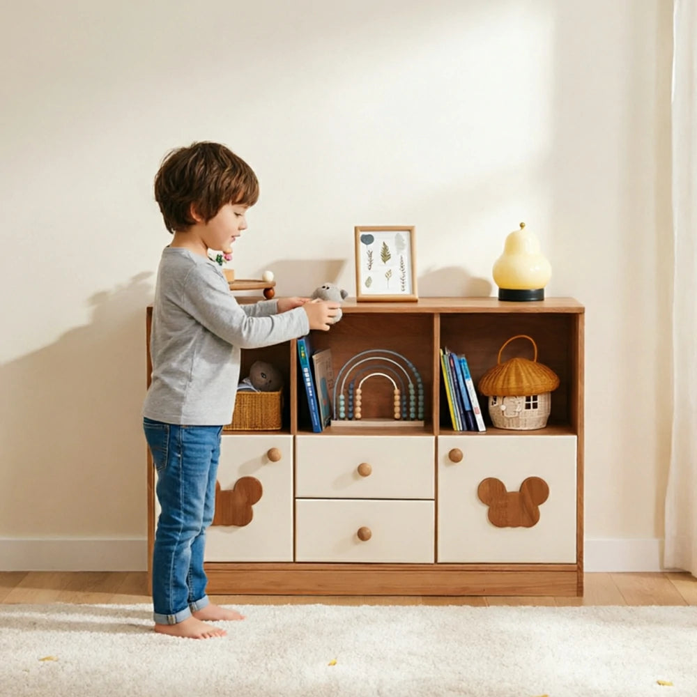 LIVARA Kids Storage Cabinet Multi-Zone Anti-Tip Solid Wood Rounded Corners for Kids Room Reading Corner Play Area - White