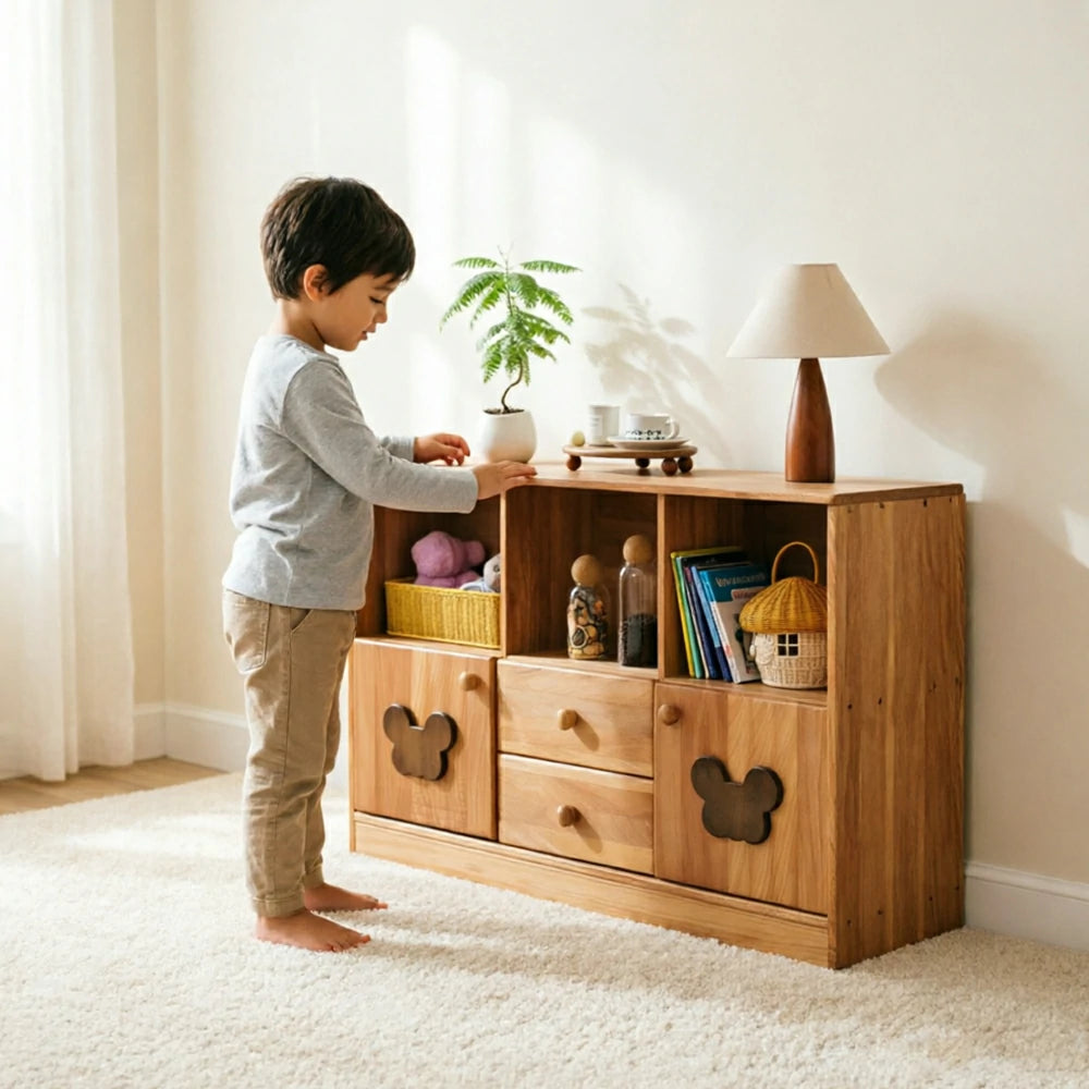 LIVARA Kids Storage Cabinet Multi-Zone Anti-Tip Solid Wood Rounded Corners for Kids Room Reading Corner Play Area - Wood