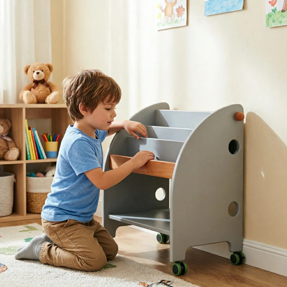 LIVARA Kids Picture Book Rack - Child-Friendly Storage Shelf - Bedroom Playroom Organizer - GREY