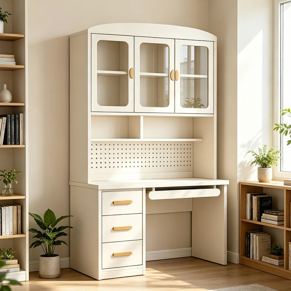 LIVARA Integrated Study Desk Bookcase - Glass Door Storage Cabinet - Kids Bedroom Learning Station - Cheese White