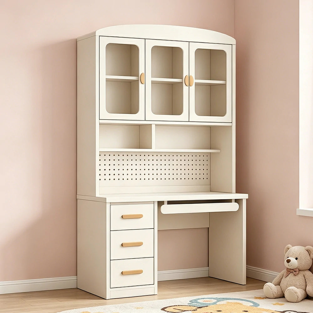 LIVARA Integrated Study Desk Bookcase - Glass Door Storage Cabinet - Kids Bedroom Learning Station - Cheese White