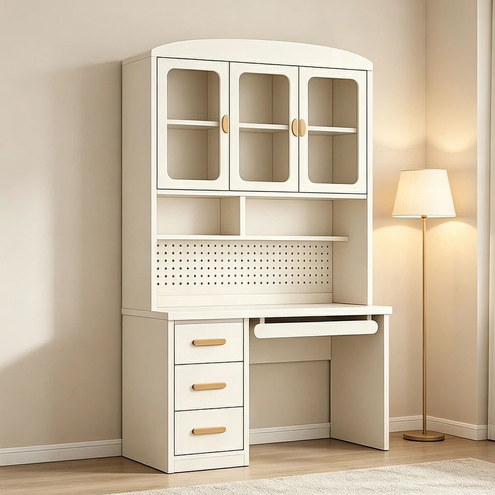 LIVARA Integrated Study Desk Bookcase - Glass Door Storage Cabinet - Kids Bedroom Learning Station - Cheese White