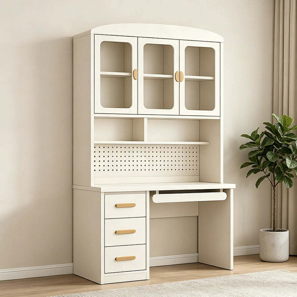 LIVARA Integrated Study Desk Bookcase - Glass Door Storage Cabinet - Kids Bedroom Learning Station - Cheese White