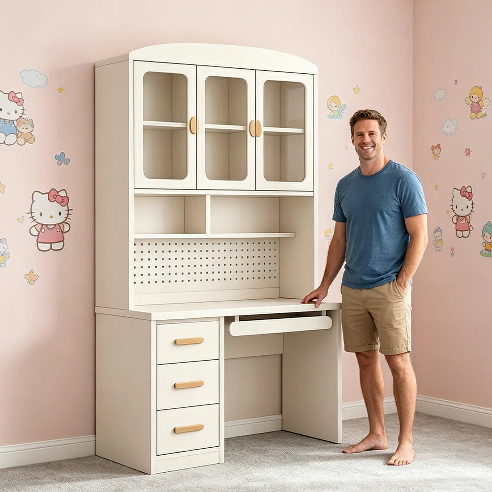 LIVARA Integrated Study Desk Bookcase - Glass Door Storage Cabinet - Kids Bedroom Learning Station - Cheese White