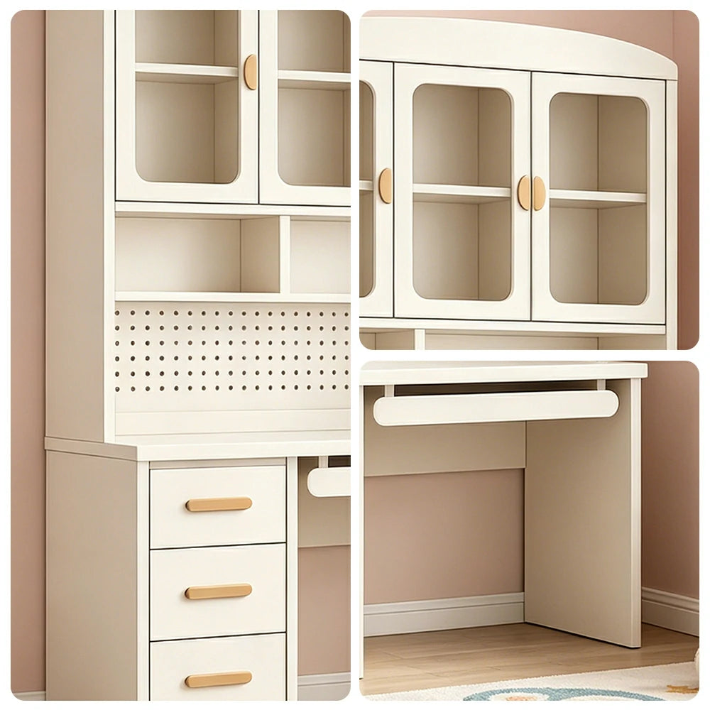 LIVARA Integrated Study Desk Bookcase - Glass Door Storage Cabinet - Kids Bedroom Learning Station - Cheese White