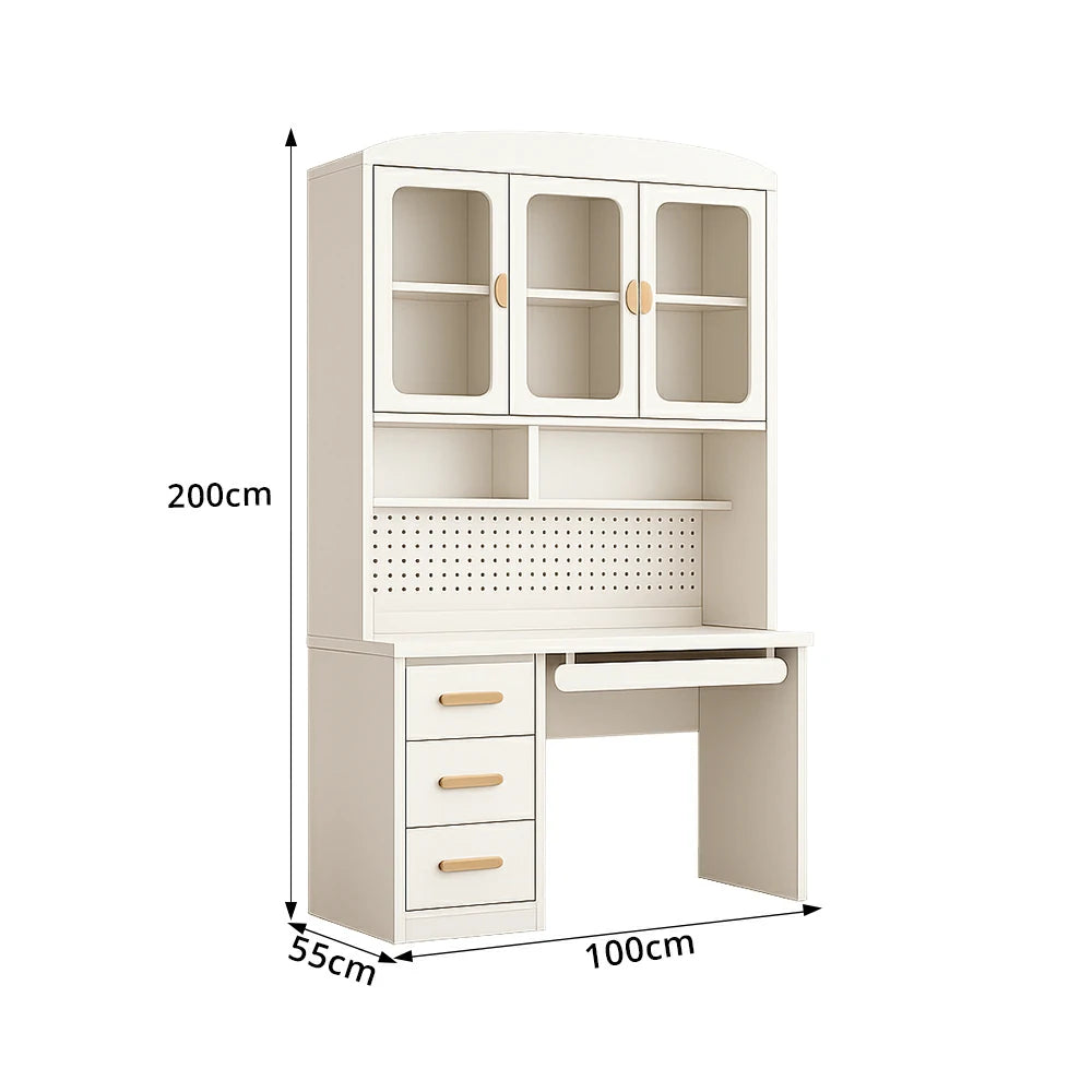 LIVARA Integrated Study Desk Bookcase - Glass Door Storage Cabinet - Kids Bedroom Learning Station - Cheese White