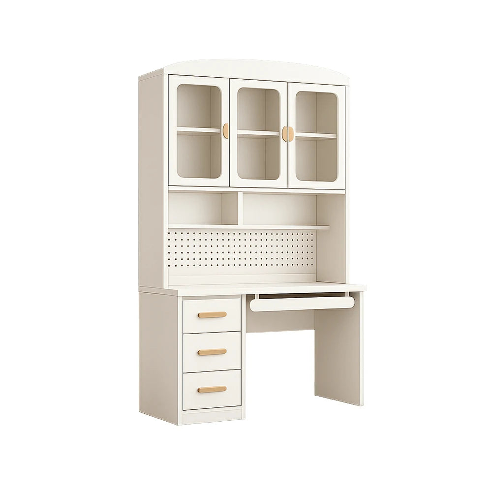 LIVARA Integrated Study Desk Bookcase - Glass Door Storage Cabinet - Kids Bedroom Learning Station - Cheese White
