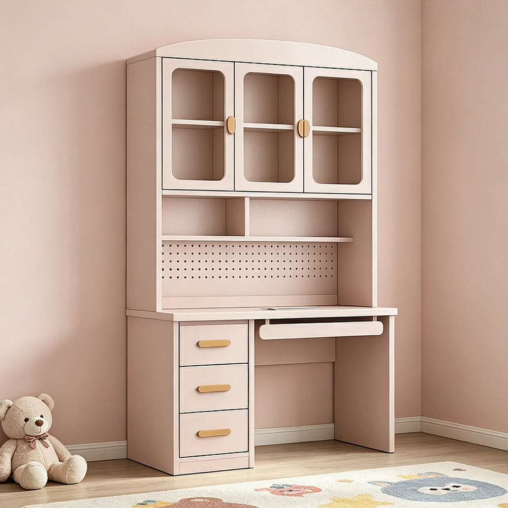 LIVARA Integrated Study Desk Bookcase - Glass Door Storage Cabinet - Kids Bedroom Learning Station - Blush Pink