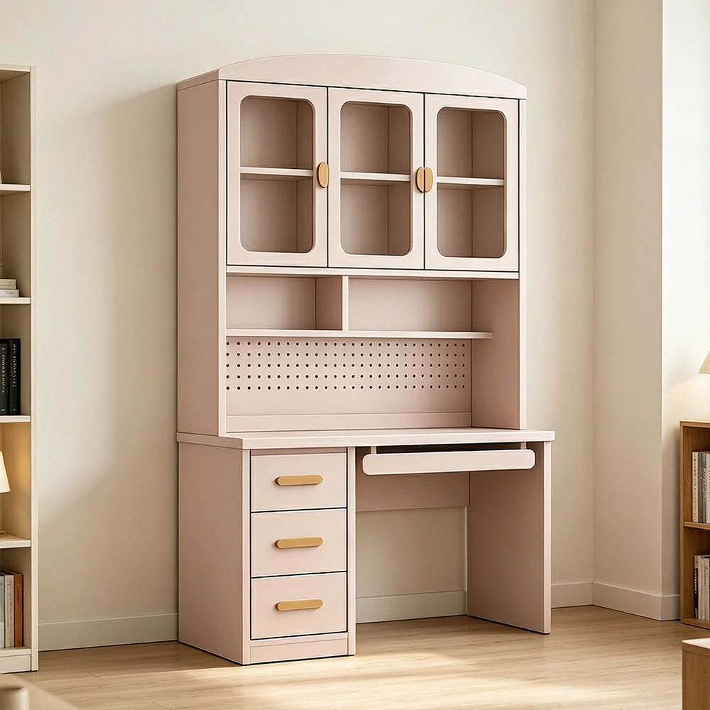 LIVARA Integrated Study Desk Bookcase - Glass Door Storage Cabinet - Kids Bedroom Learning Station - Blush Pink