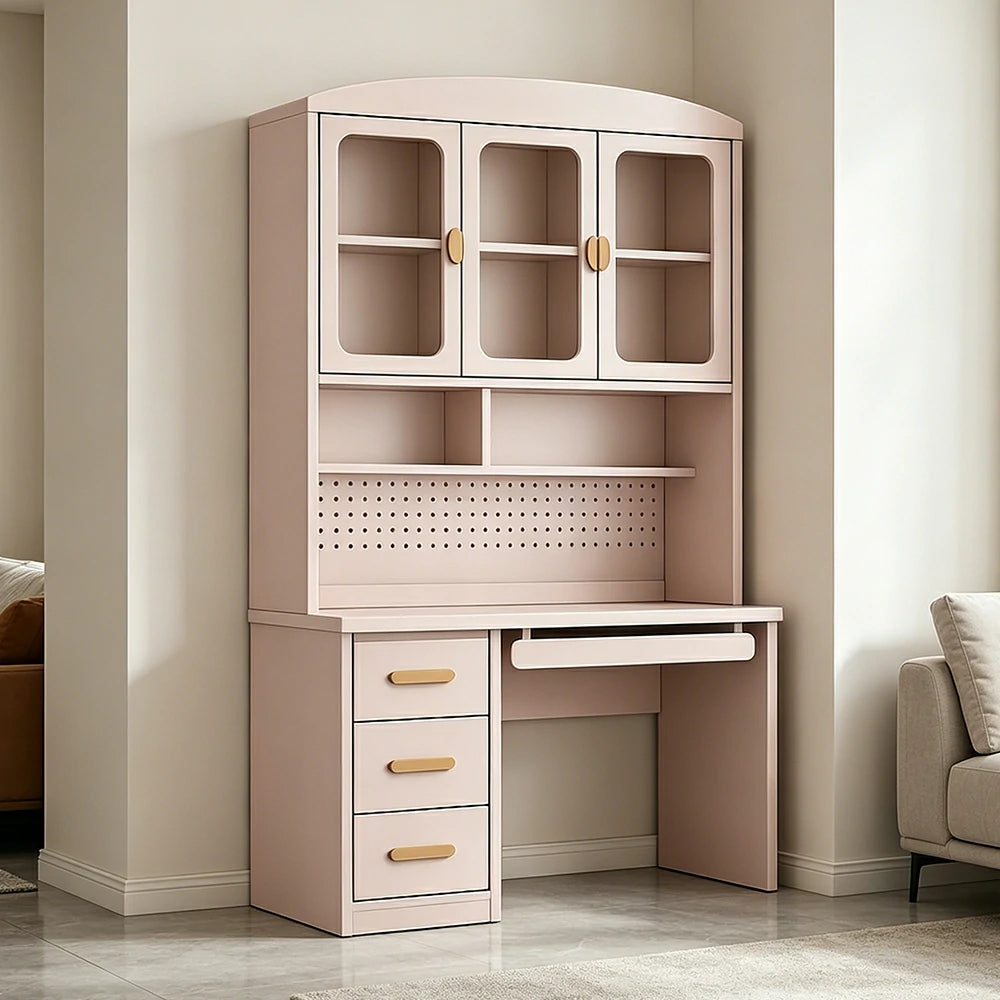 LIVARA Integrated Study Desk Bookcase - Glass Door Storage Cabinet - Kids Bedroom Learning Station - Blush Pink