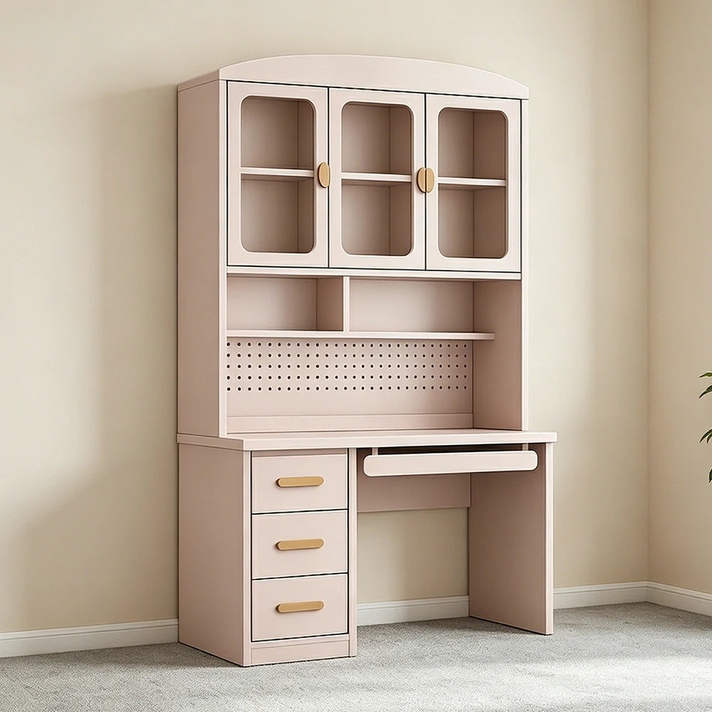 LIVARA Integrated Study Desk Bookcase - Glass Door Storage Cabinet - Kids Bedroom Learning Station - Blush Pink