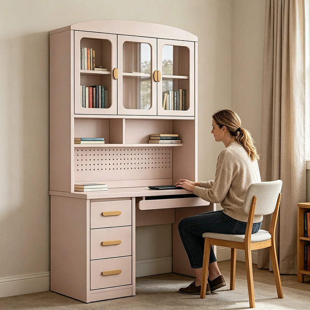 LIVARA Integrated Study Desk Bookcase - Glass Door Storage Cabinet - Kids Bedroom Learning Station - Blush Pink