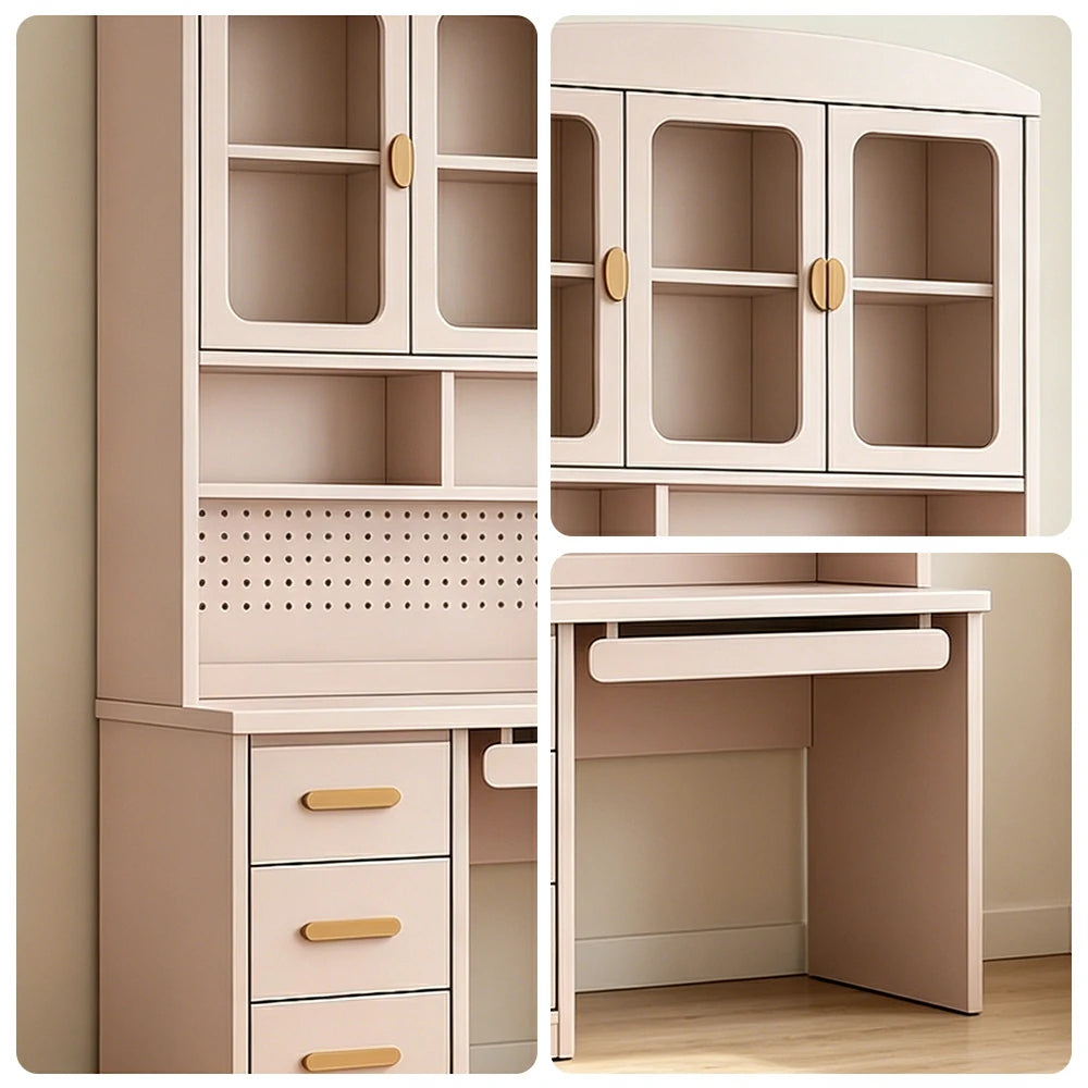 LIVARA Integrated Study Desk Bookcase - Glass Door Storage Cabinet - Kids Bedroom Learning Station - Blush Pink
