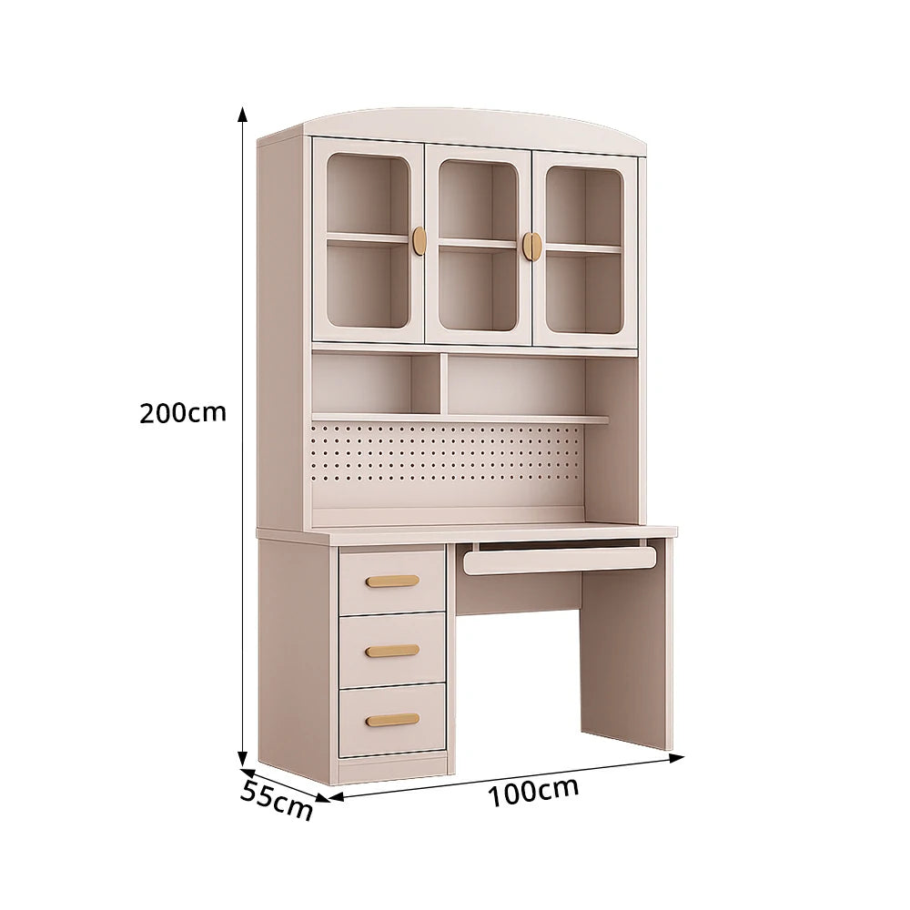 LIVARA Integrated Study Desk Bookcase - Glass Door Storage Cabinet - Kids Bedroom Learning Station - Blush Pink
