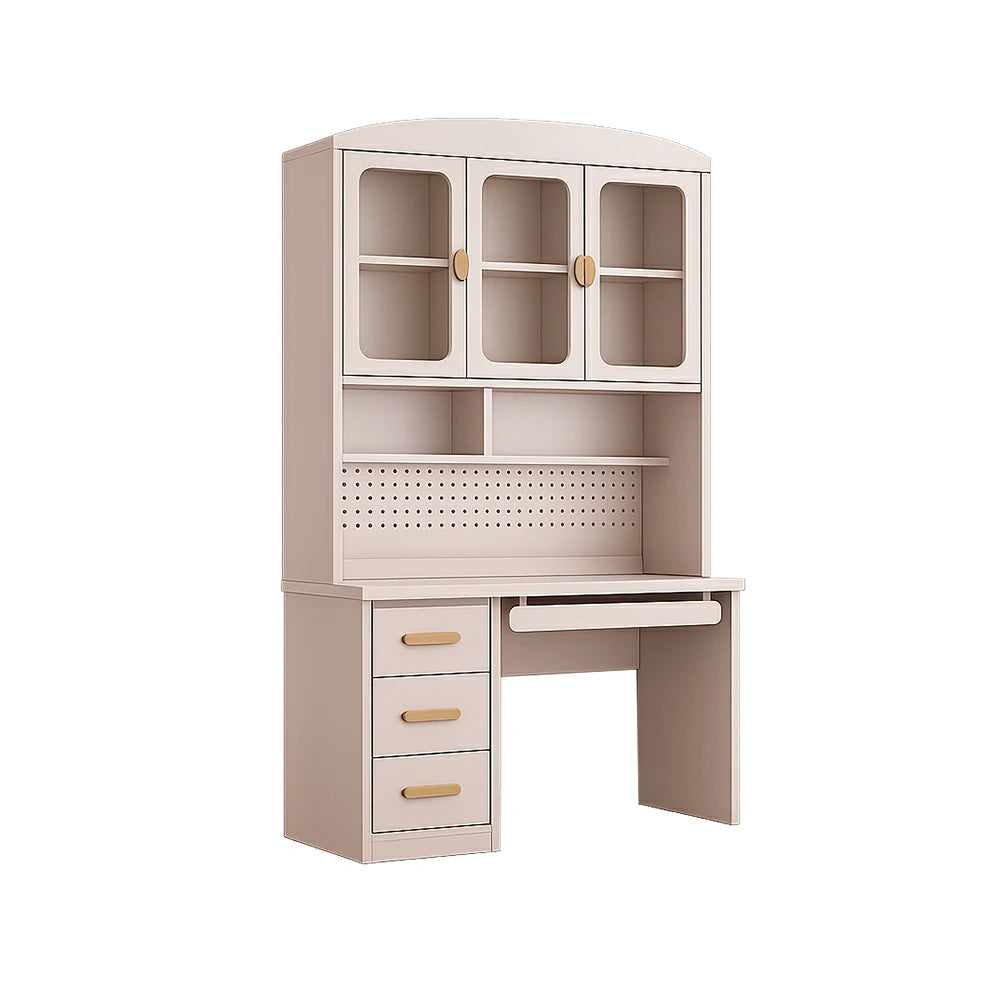 LIVARA Integrated Study Desk Bookcase - Glass Door Storage Cabinet - Kids Bedroom Learning Station - Blush Pink