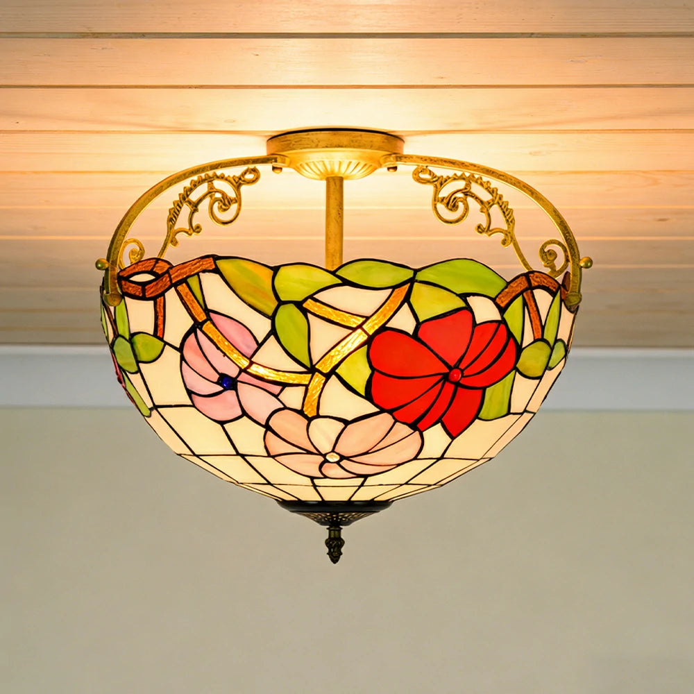 LIVARA European Vintage Morning Glory Pattern Stained Glass Ceiling Light 3-Light Design Even Lighting 42x38cm Suitable for Living Room Bedroom Dining Hallway
