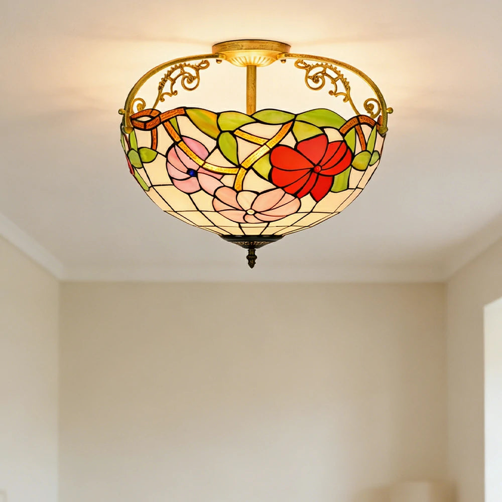 LIVARA European Vintage Morning Glory Pattern Stained Glass Ceiling Light 3-Light Design Even Lighting 42x38cm Suitable for Living Room Bedroom Dining Hallway