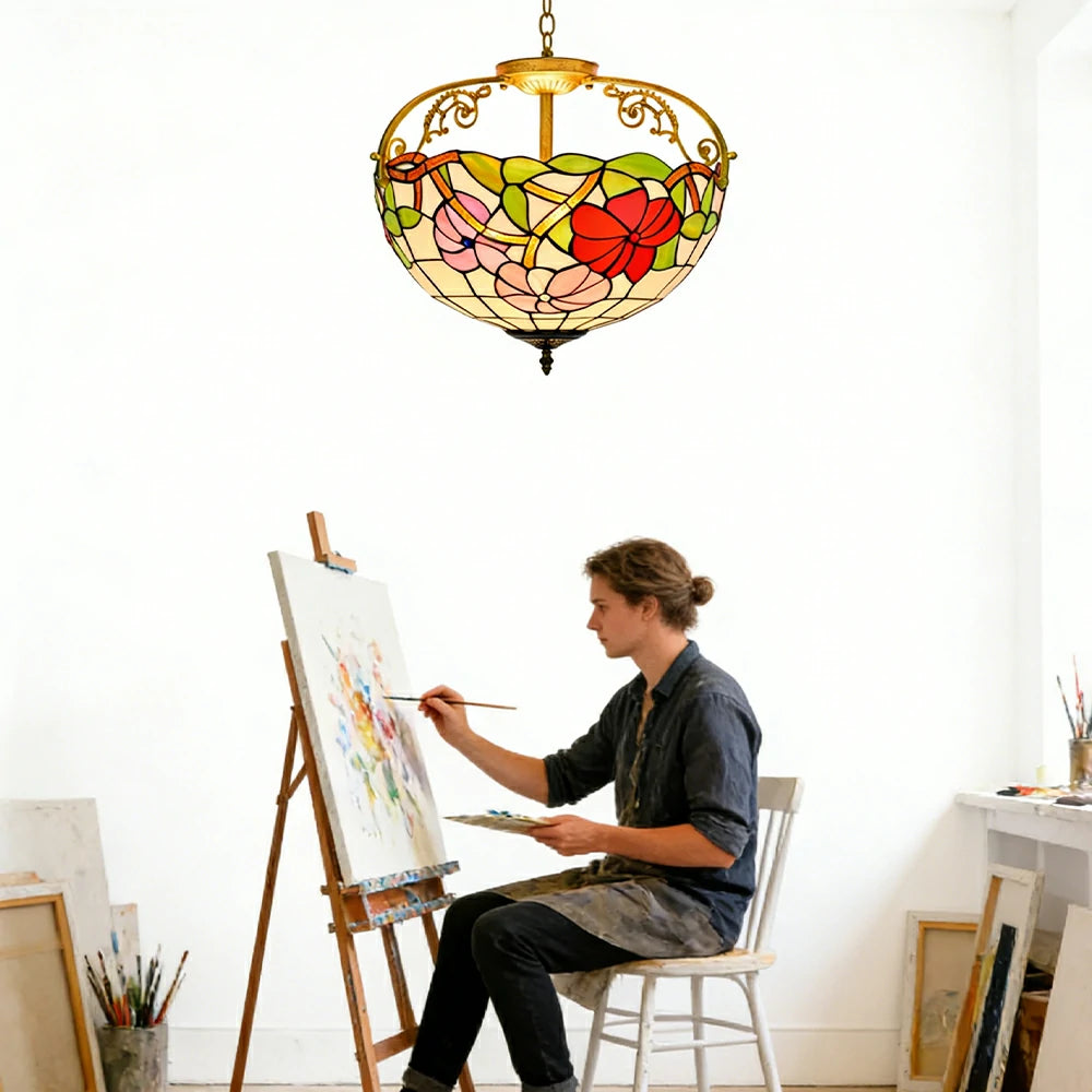 LIVARA European Vintage Morning Glory Pattern Stained Glass Ceiling Light 3-Light Design Even Lighting 42x38cm Suitable for Living Room Bedroom Dining Hallway