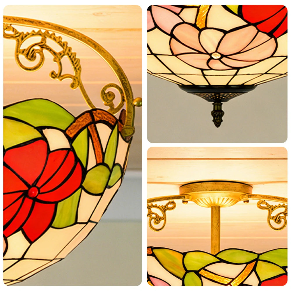 LIVARA European Vintage Morning Glory Pattern Stained Glass Ceiling Light 3-Light Design Even Lighting 42x38cm Suitable for Living Room Bedroom Dining Hallway
