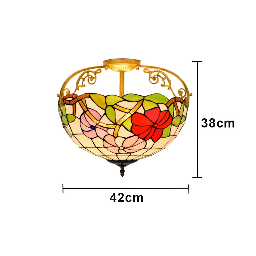LIVARA European Vintage Morning Glory Pattern Stained Glass Ceiling Light 3-Light Design Even Lighting 42x38cm Suitable for Living Room Bedroom Dining Hallway