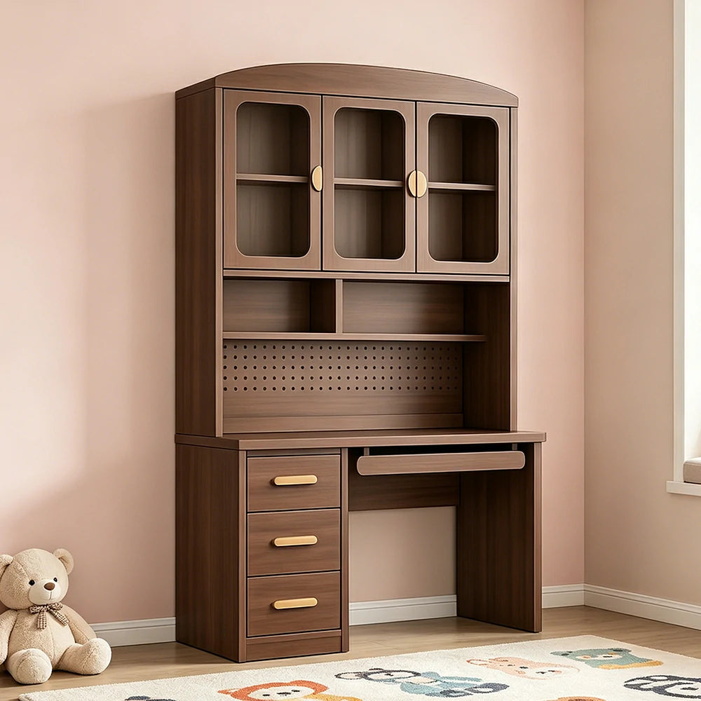 LIVARA Wood Grain Study Desk with Hutch - 3 Door Storage Cabinet - Left Drawers for Home Office - Walnut