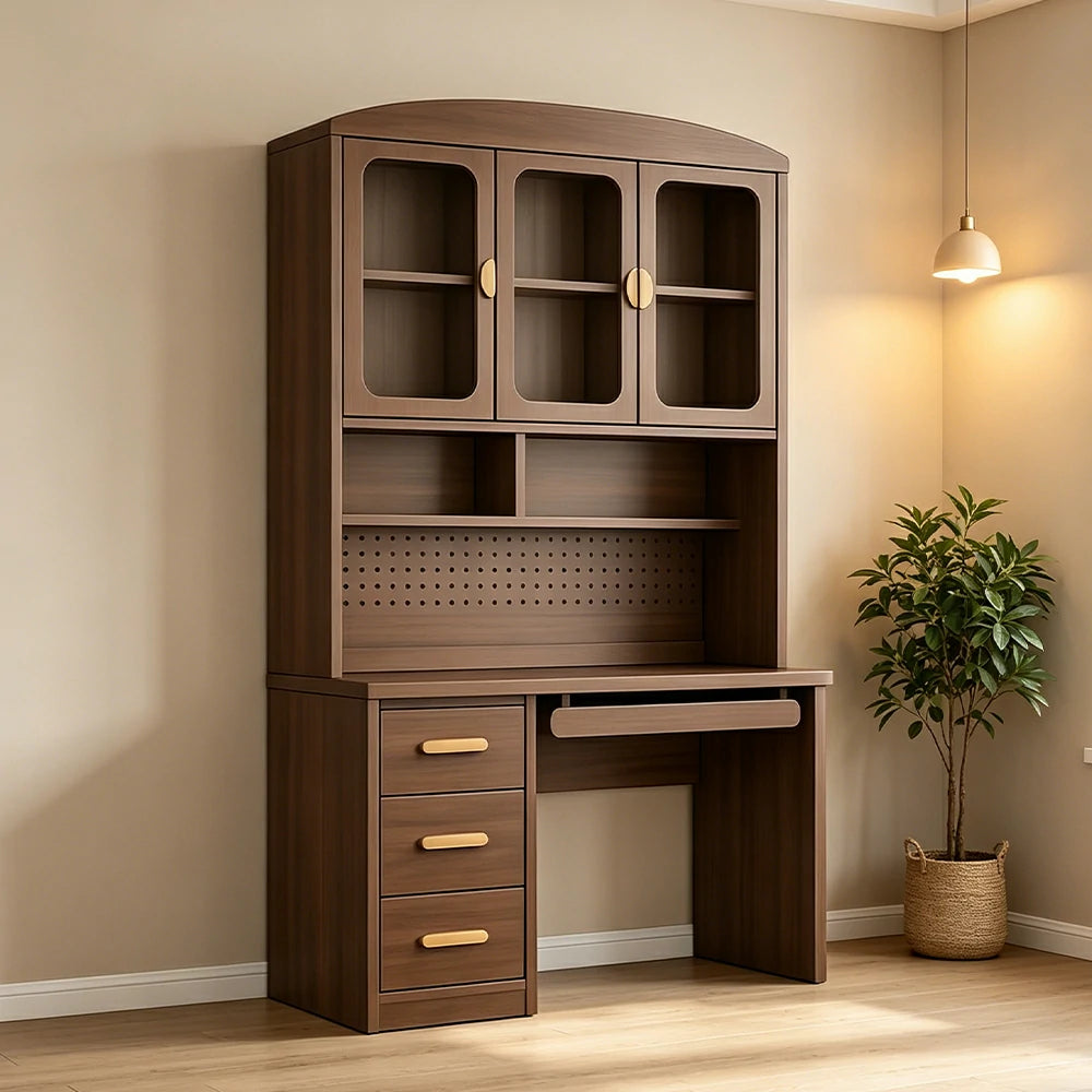 LIVARA Wood Grain Study Desk with Hutch - 3 Door Storage Cabinet - Left Drawers for Home Office - Walnut