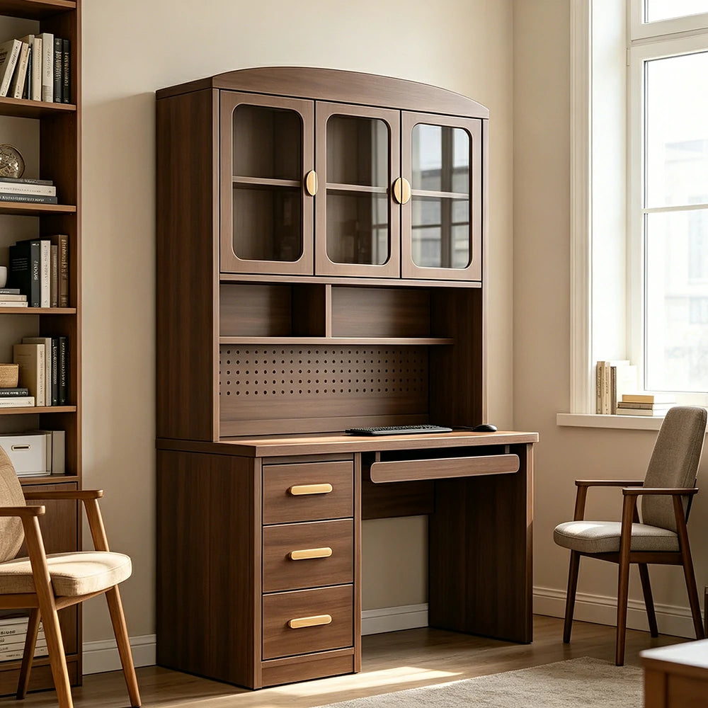 LIVARA Wood Grain Study Desk with Hutch - 3 Door Storage Cabinet - Left Drawers for Home Office - Walnut