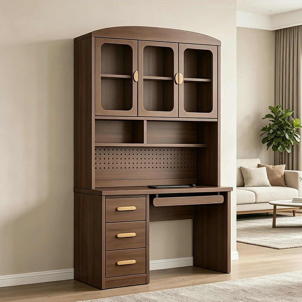 LIVARA Wood Grain Study Desk with Hutch - 3 Door Storage Cabinet - Left Drawers for Home Office - Walnut