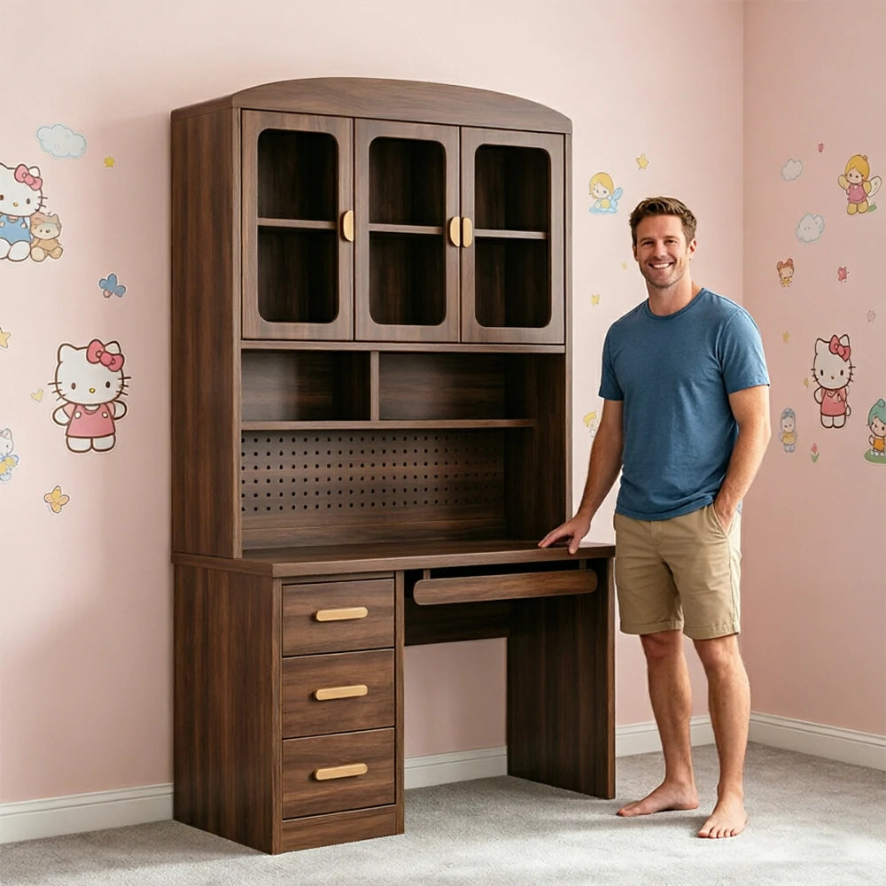 LIVARA Wood Grain Study Desk with Hutch - 3 Door Storage Cabinet - Left Drawers for Home Office - Walnut