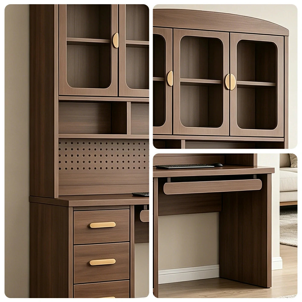 LIVARA Wood Grain Study Desk with Hutch - 3 Door Storage Cabinet - Left Drawers for Home Office - Walnut