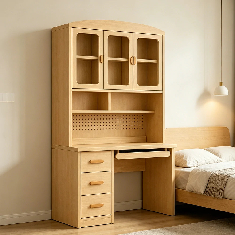 LIVARA Oak Look Study Desk with Hutch - 3 Door Storage Cabinet - Left Drawers for Home Office - Natural Oak