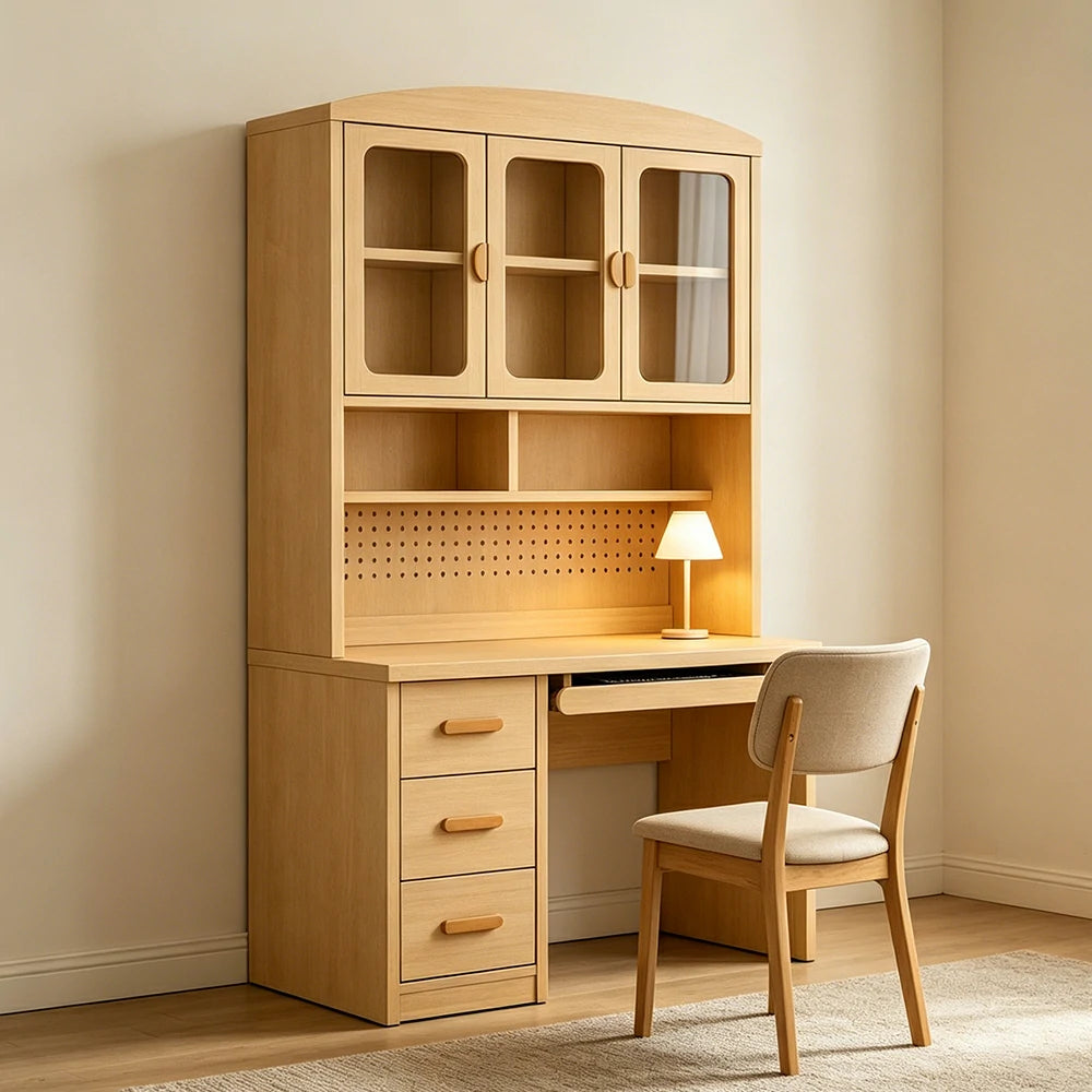 LIVARA Oak Look Study Desk with Hutch - 3 Door Storage Cabinet - Left Drawers for Home Office - Natural Oak