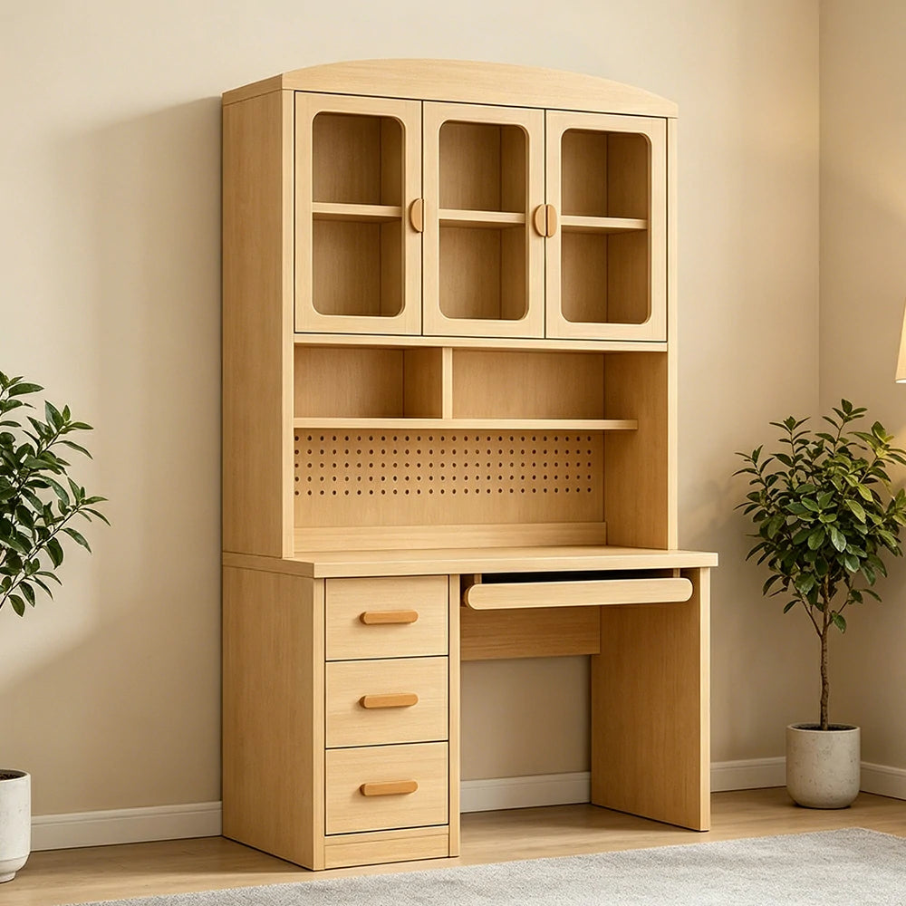 LIVARA Oak Look Study Desk with Hutch - 3 Door Storage Cabinet - Left Drawers for Home Office - Natural Oak
